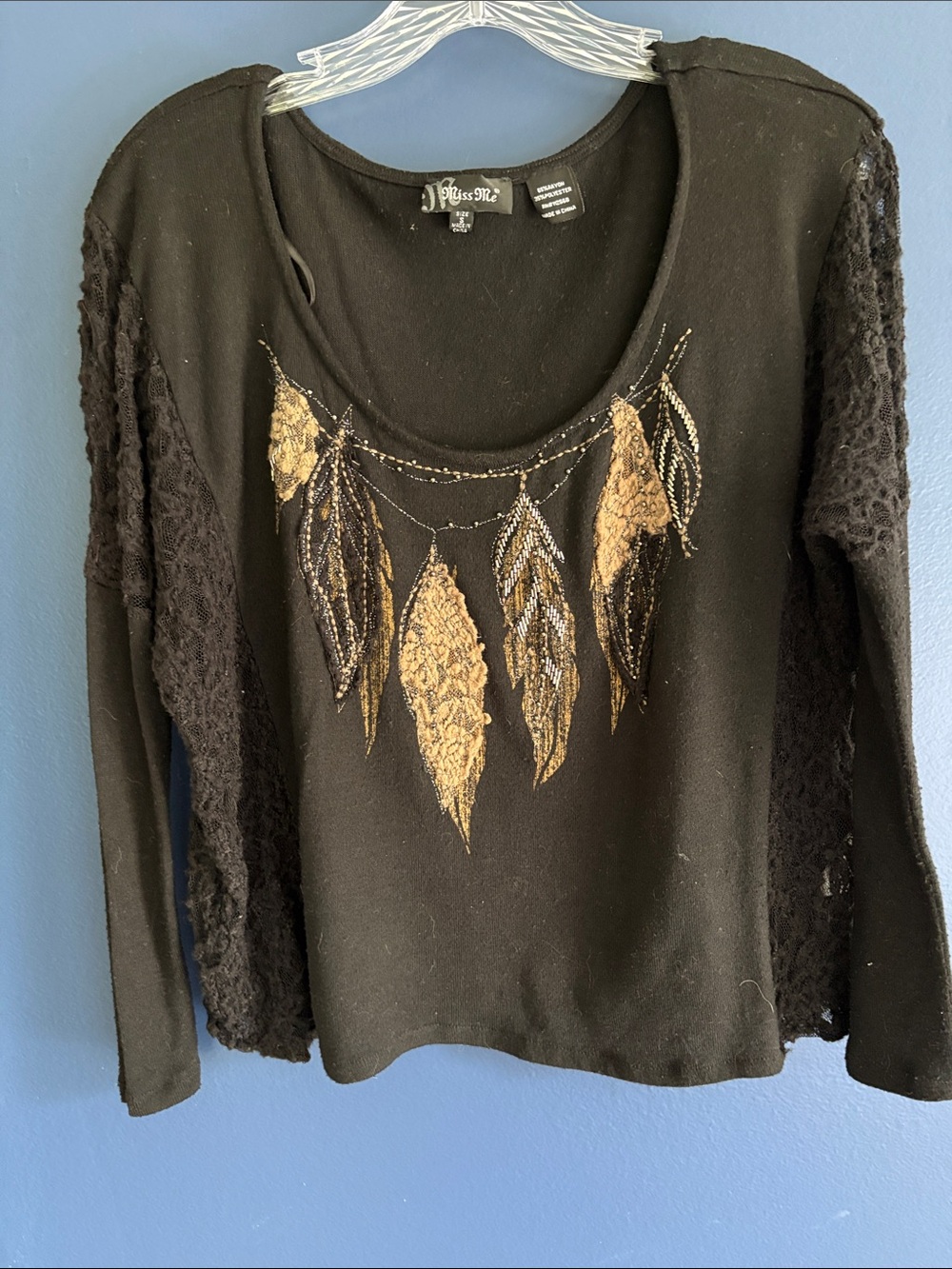 Miss Me Black Long-Sleeve Feather Embellished Top